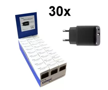 30x PW-20WCA-S (polnilec USB C+A 20W) črne barve v zaslonu števca DINIC